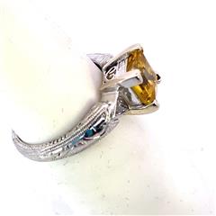 PT950 PLATINUM DIAMOND & GOLD CITRINE RING W/MILGRAIN DETAIL BAND 5